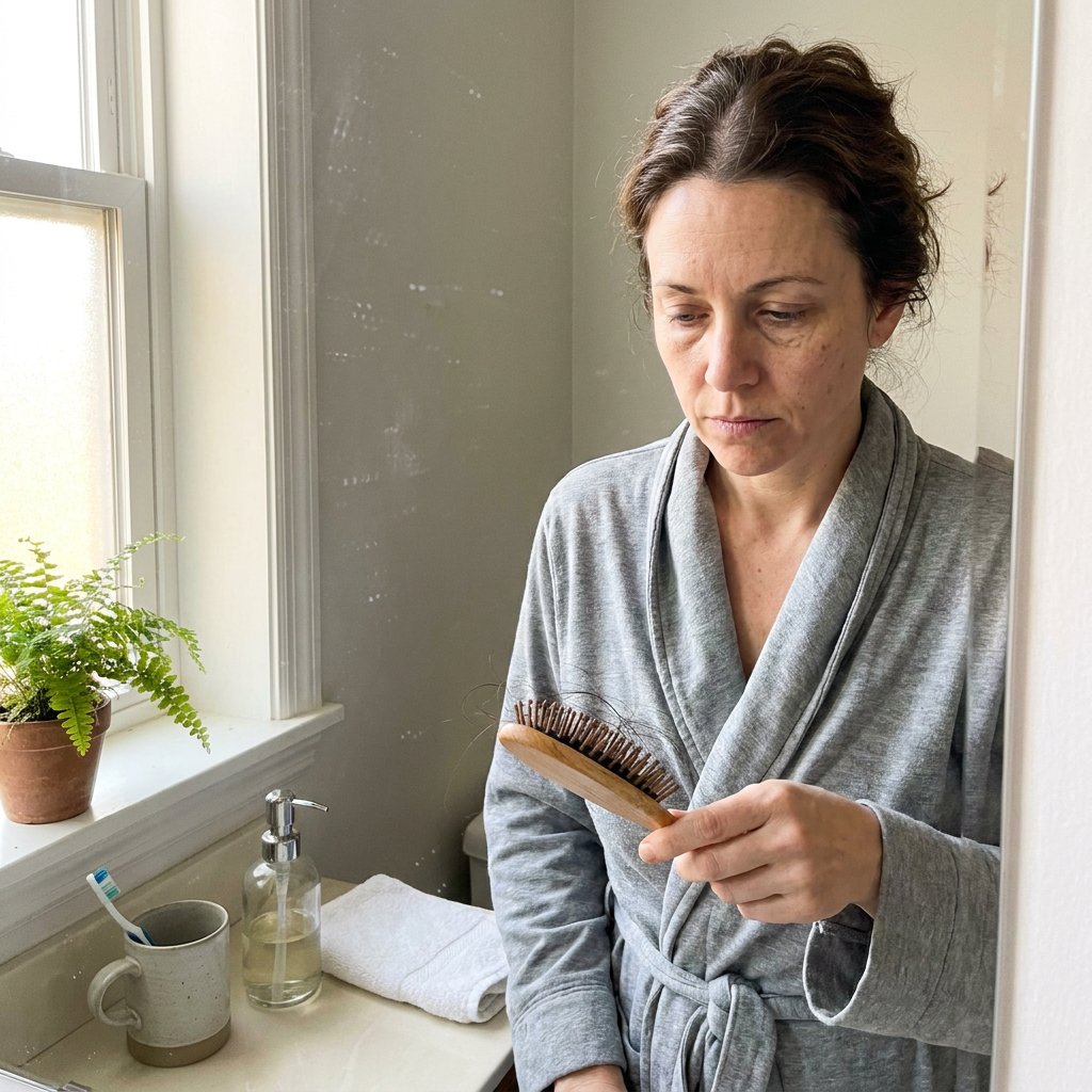 A woman in a gray robe in her bathroom looking at her brush full of shed hair