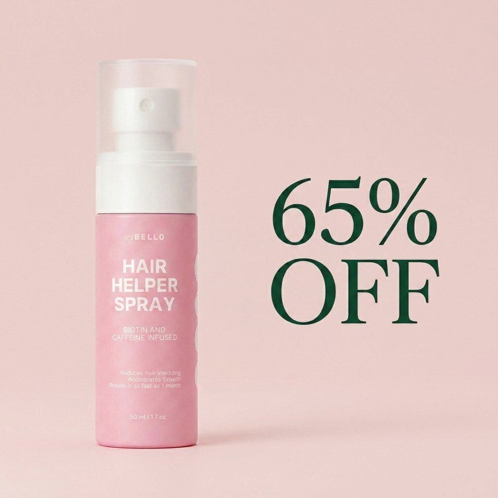 TryBello Hair Helper Spray bottle next to a large 65% OFF text on pink background