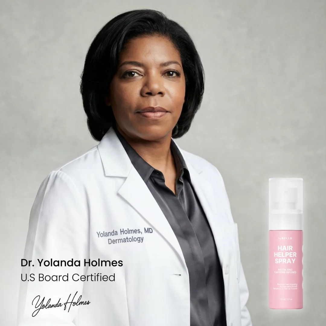 Dr. Yolanda Holmes, U.S. Board Certified Dermatologist, with the TryBello Hair Helper Spray bottle