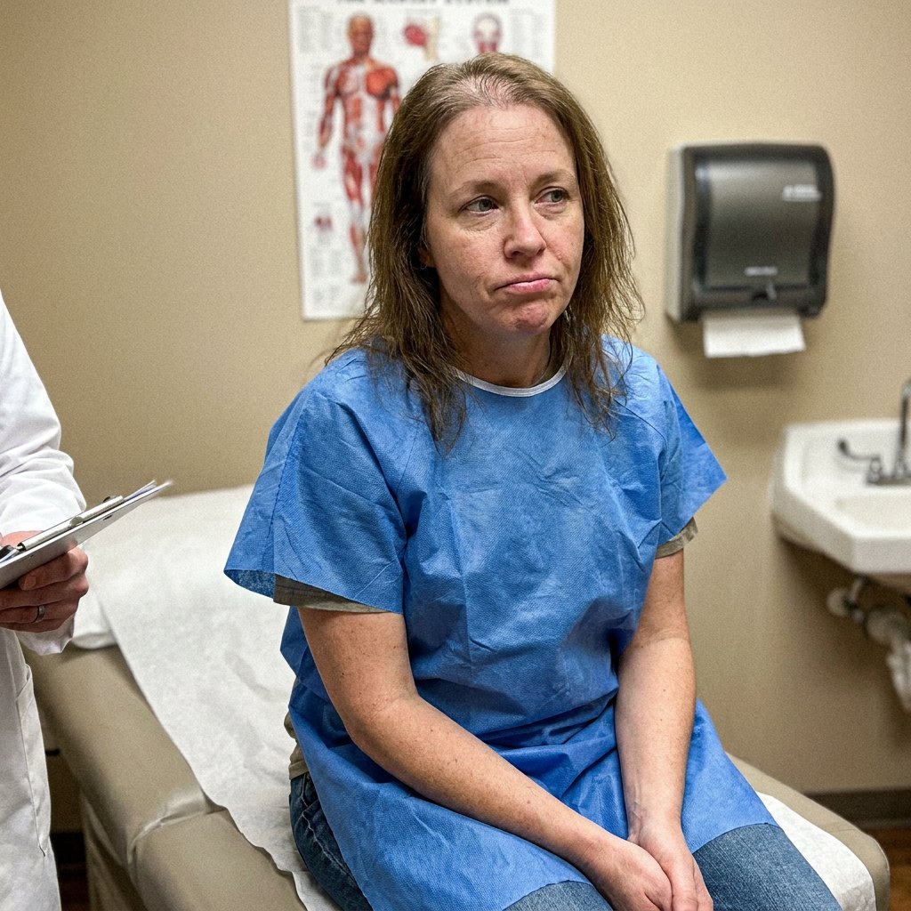A woman in a blue medical gown sitting on a doctor's exam table looking concerned