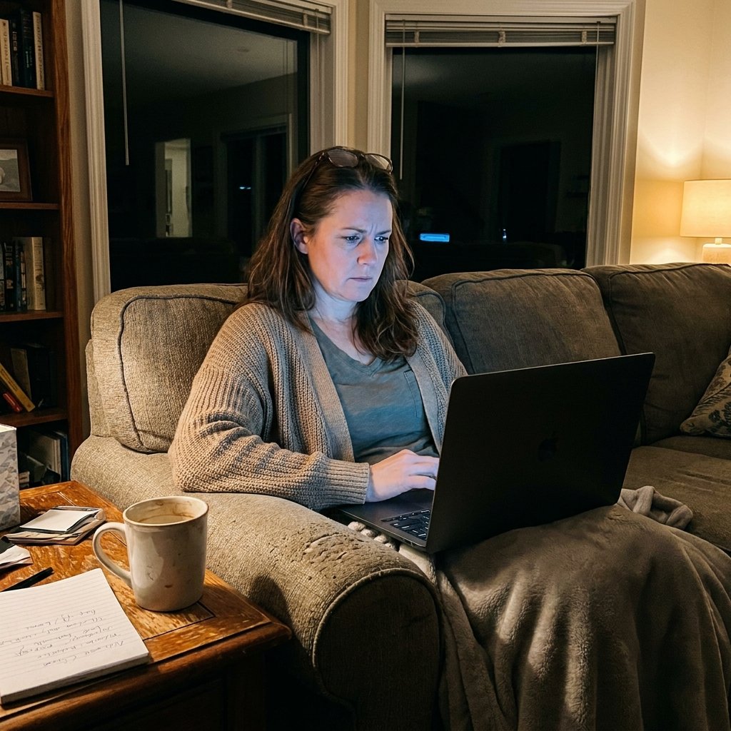 A woman researching late at night on her laptop in her living room
