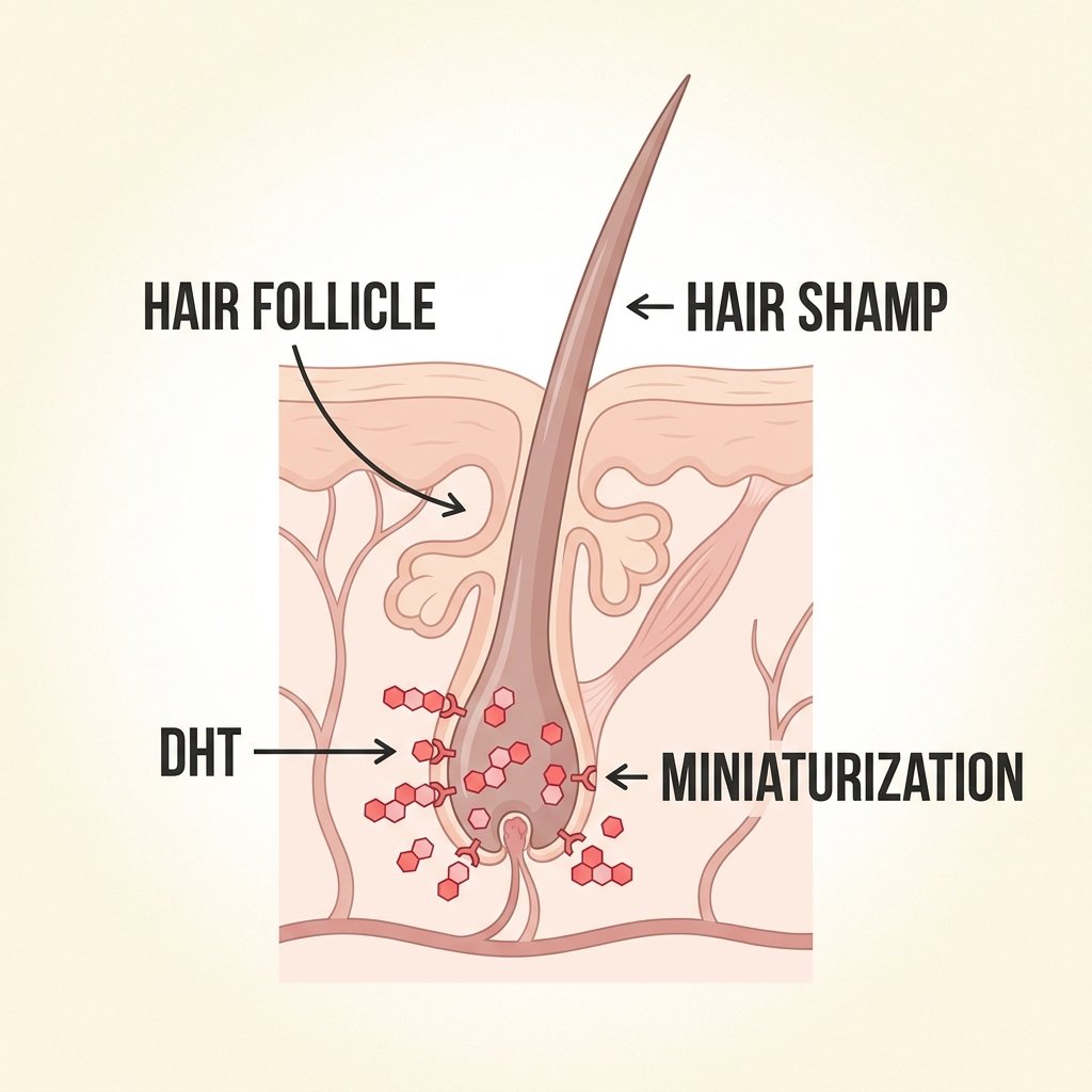Diagram showing a hair follicle, hair shaft, DHT molecules, and miniaturization