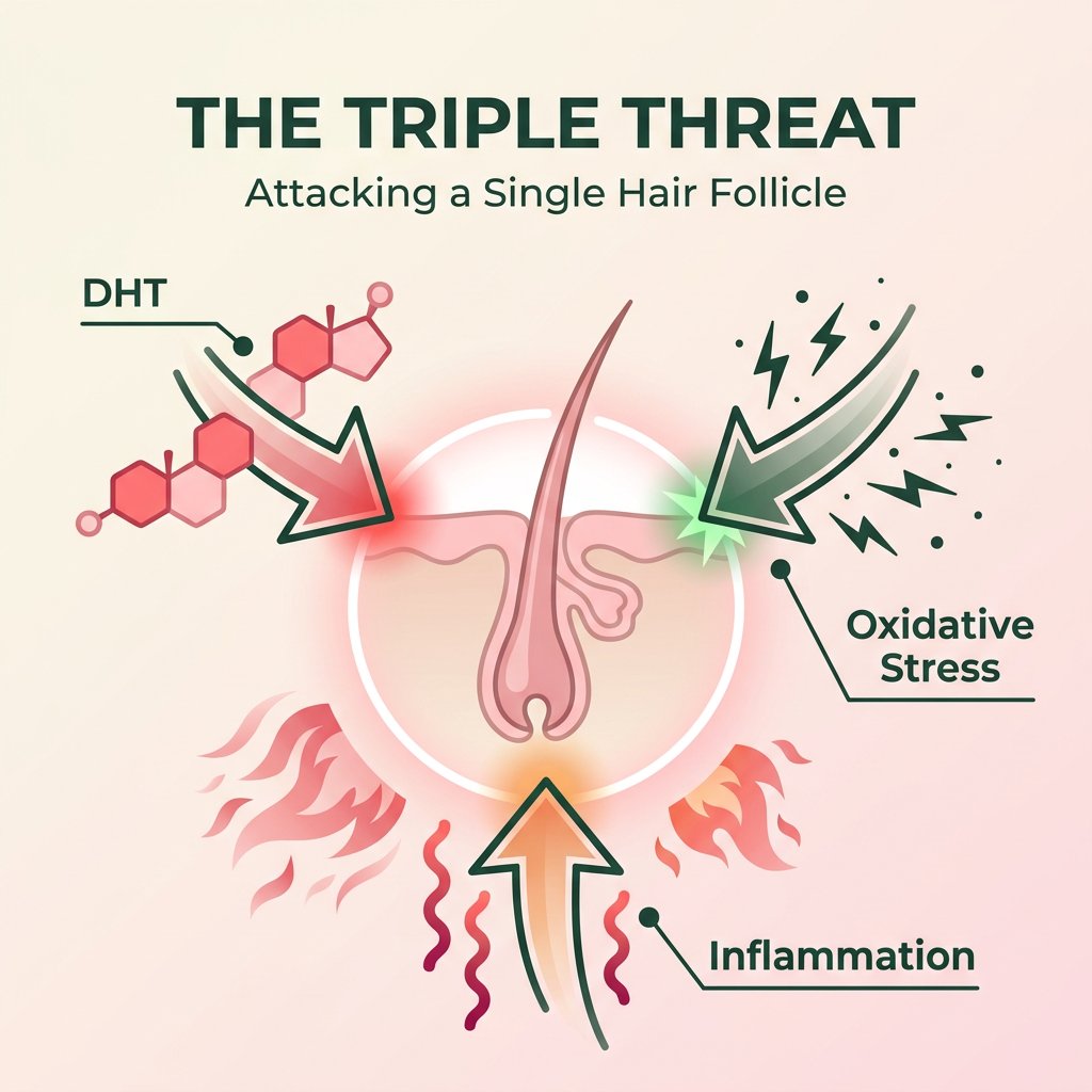 The Triple Threat diagram showing DHT, oxidative stress, and inflammation attacking a single hair follicle