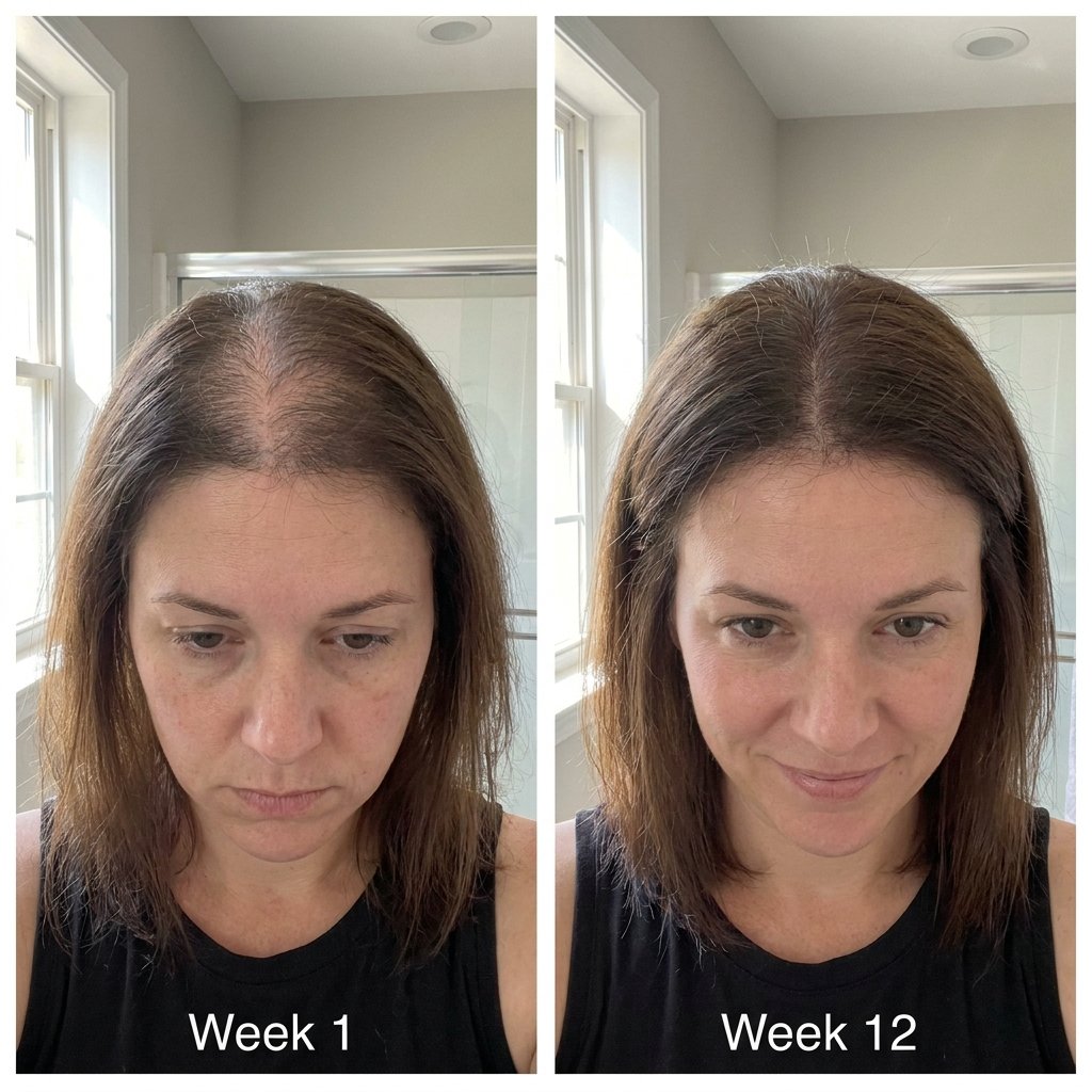 Side-by-side before and after photos of a woman labeled Week 1 and Week 12, showing dramatic improvement in hair density