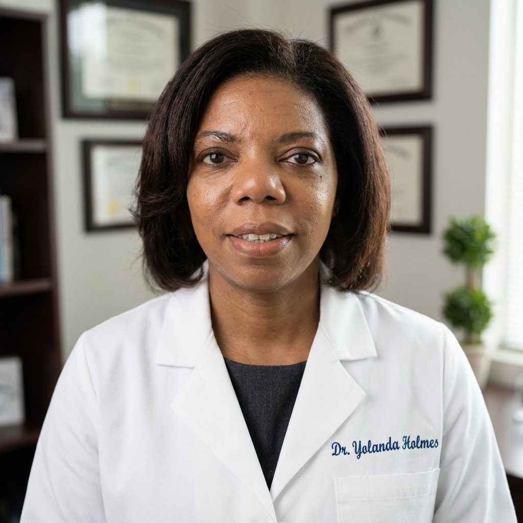 Dr. Yolanda Holmes in her office wearing a white coat with framed credentials behind her