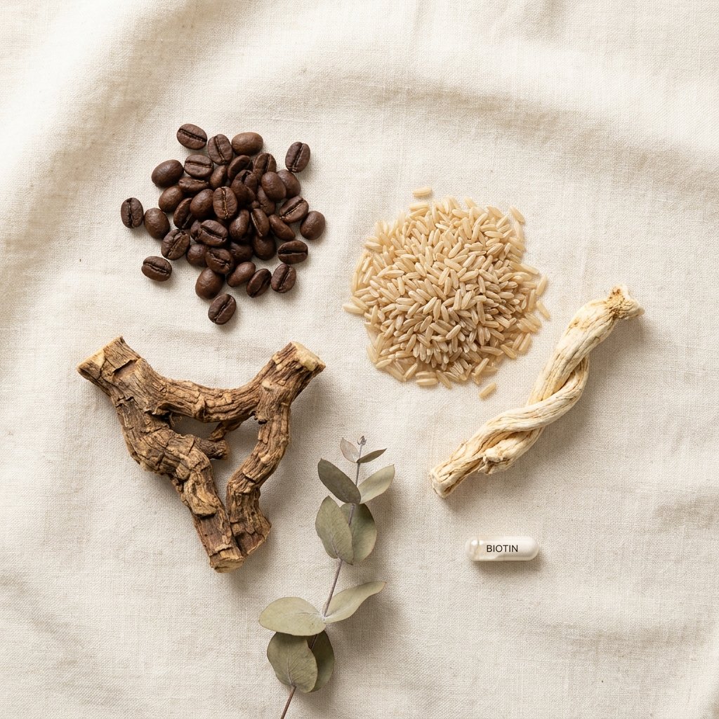Five botanical ingredients laid out on a linen cloth: coffee beans, rice grains, sophora root, angelica root, and a biotin capsule